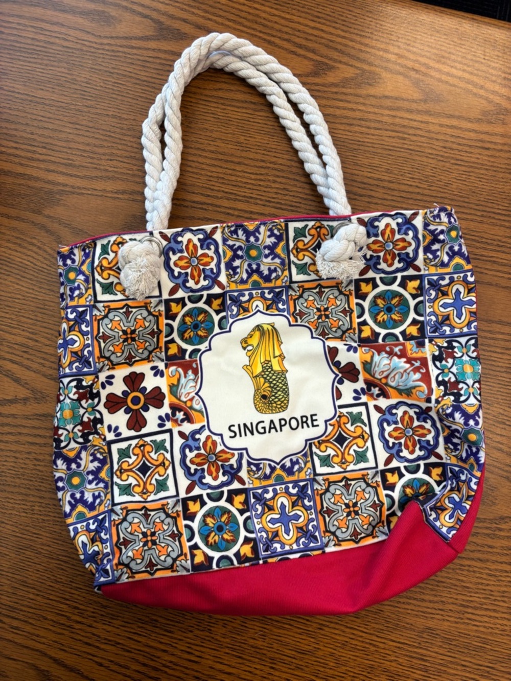 Singapore Tile-Print Tote Bag with Rope Handles - Red Accents Souvenir